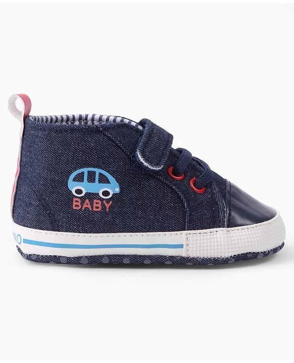 Cute Walk by Babyhug Velcro Closure Booties with Car Print- Sky Blue