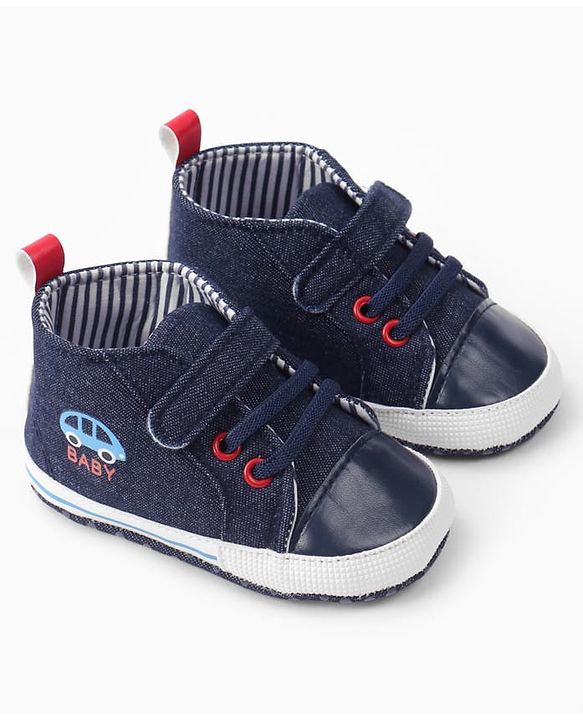 Cute Walk by Babyhug Velcro Closure Booties with Car Print- Sky Blue