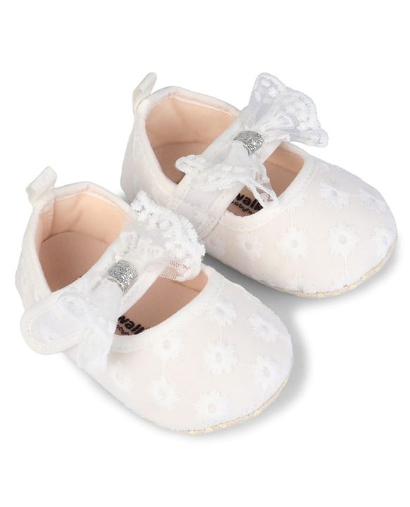 Cute Walk by Babyhug Velcro Closure Booties with Floral Embroidery & Bow Applique - White