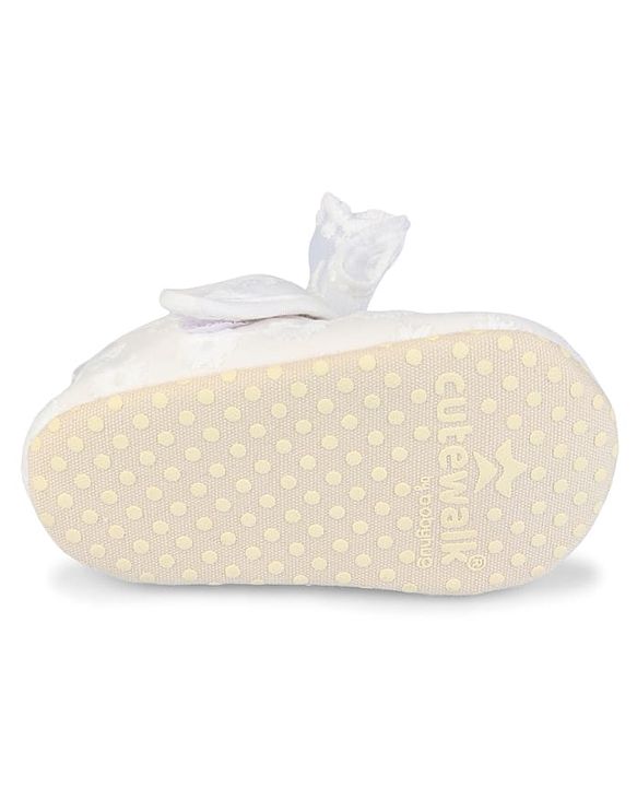Cute Walk by Babyhug Velcro Closure Booties with Floral Embroidery & Bow Applique - White