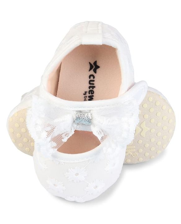 Cute Walk by Babyhug Velcro Closure Booties with Floral Embroidery & Bow Applique - White
