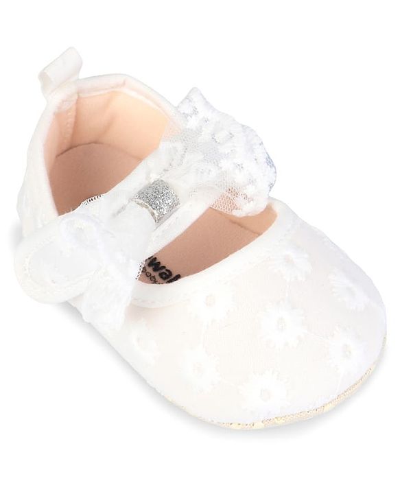 Cute Walk by Babyhug Velcro Closure Booties with Floral Embroidery & Bow Applique - White