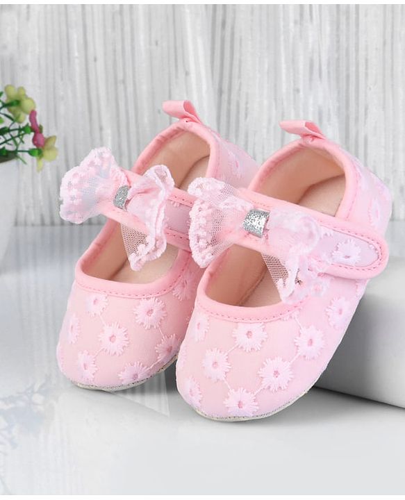 Cute Walk by Babyhug Velcro Closure Booties with Floral Embroidery & Bow Applique - White