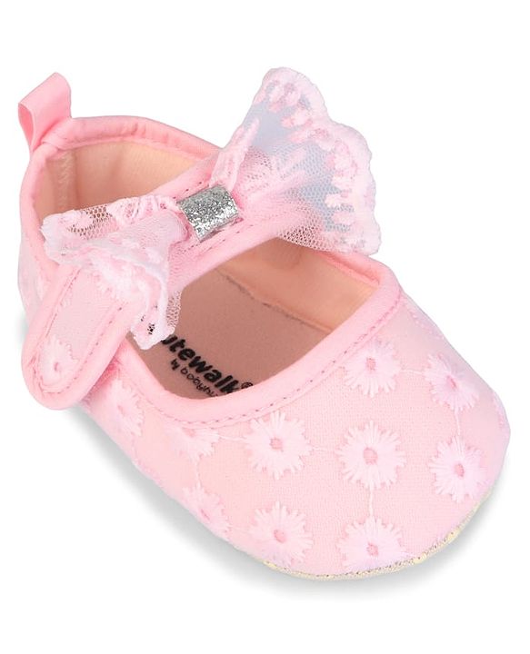 Cute Walk by Babyhug Velcro Closure Booties with Floral Embroidery & Bow Applique - White