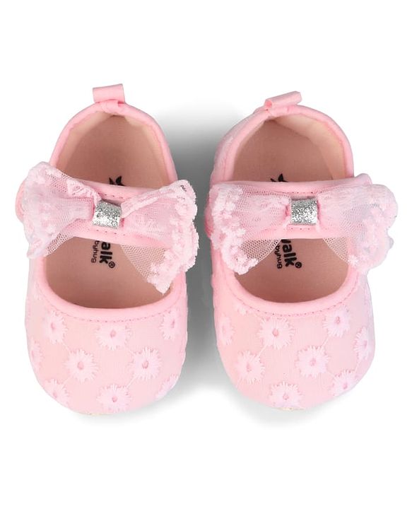 Cute Walk by Babyhug Velcro Closure Booties with Floral Embroidery & Bow Applique - White
