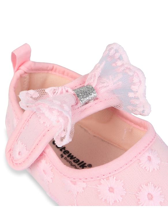 Cute Walk by Babyhug Velcro Closure Booties with Floral Embroidery & Bow Applique - White