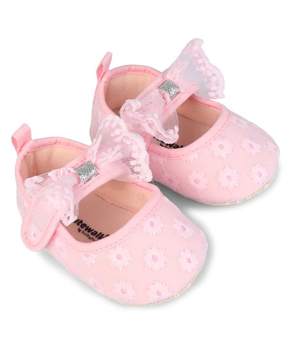 Cute Walk by Babyhug Velcro Closure Booties with Floral Embroidery & Bow Applique - White