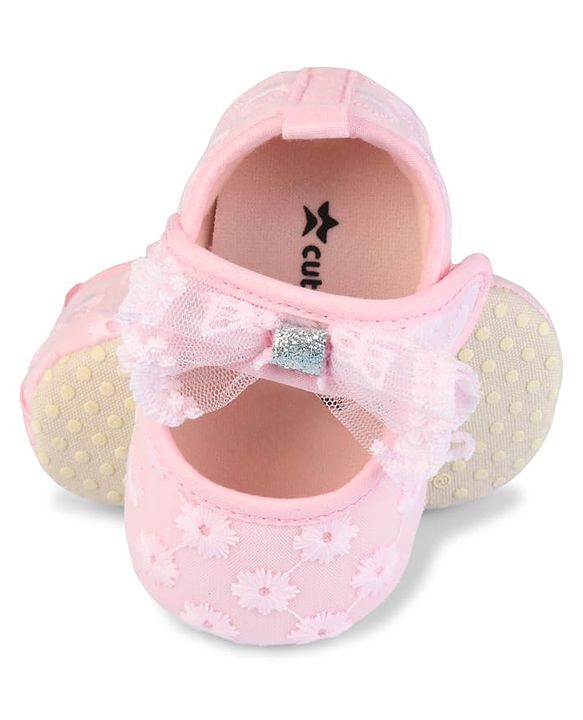 Cute Walk by Babyhug Velcro Closure Booties with Floral Embroidery & Bow Applique - White