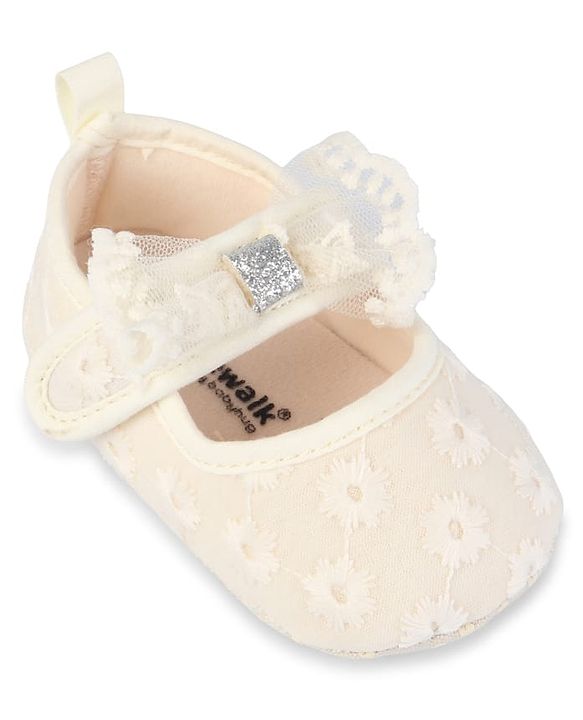 Cute Walk by Babyhug Velcro Closure Booties with Floral Embroidery & Bow Applique - White