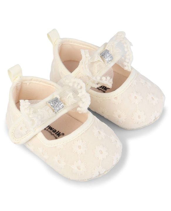 Cute Walk by Babyhug Velcro Closure Booties with Floral Embroidery & Bow Applique - White