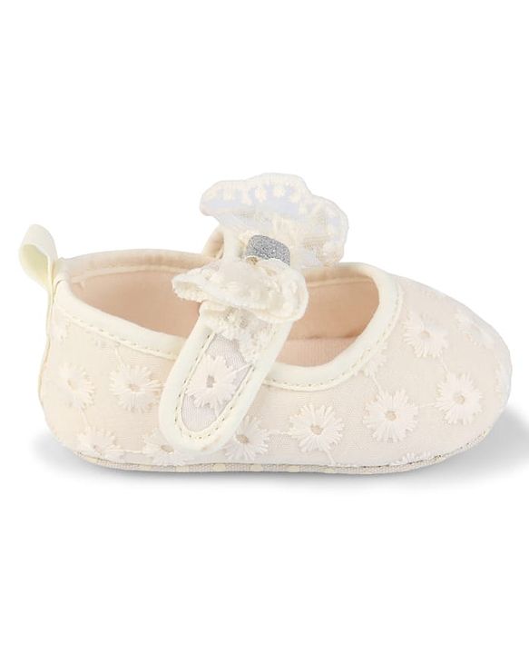 Cute Walk by Babyhug Velcro Closure Booties with Floral Embroidery & Bow Applique - White