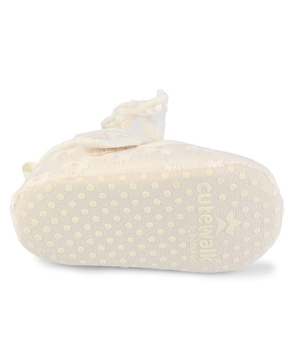 Cute Walk by Babyhug Velcro Closure Booties with Floral Embroidery & Bow Applique - White