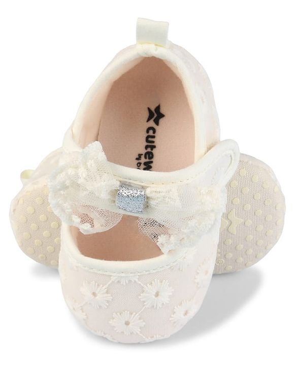 Cute Walk by Babyhug Velcro Closure Booties with Floral Embroidery & Bow Applique - White