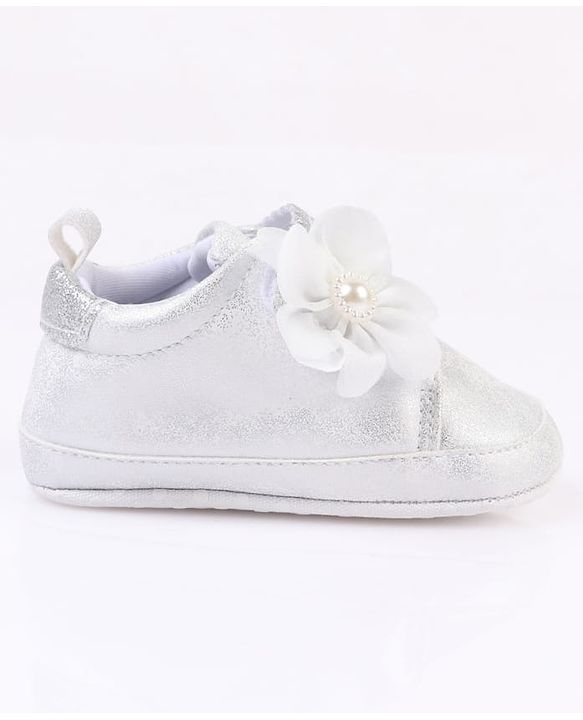 Cute Walk by Babyhug Velcro Closure Booties with Glitter Print & Floral Applique - Silver