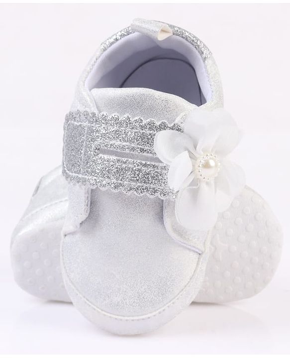 Cute Walk by Babyhug Velcro Closure Booties with Glitter Print & Floral Applique - Silver