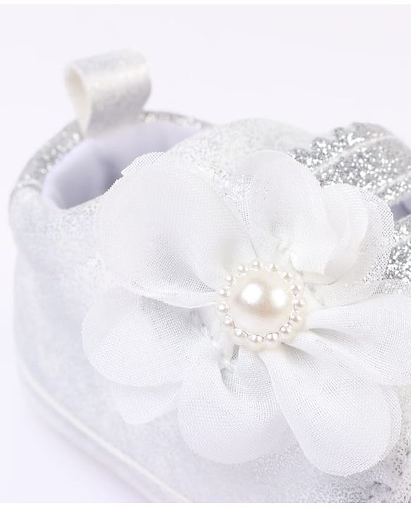 Cute Walk by Babyhug Velcro Closure Booties with Glitter Print & Floral Applique - Silver