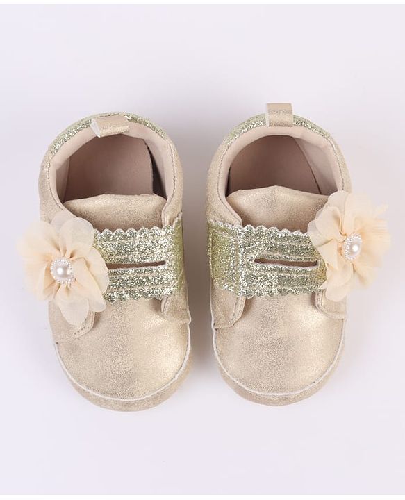 Cute Walk by Babyhug Velcro Closure Booties with Glitter Print & Floral Applique - Silver