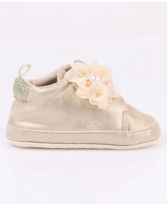 Cute Walk by Babyhug Velcro Closure Booties with Glitter Print & Floral Applique - Silver