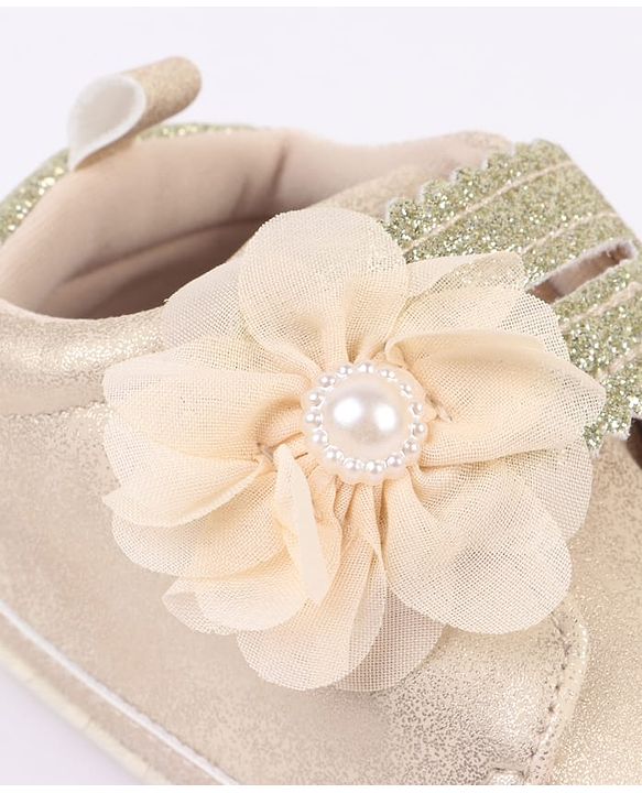 Cute Walk by Babyhug Velcro Closure Booties with Glitter Print & Floral Applique - Silver