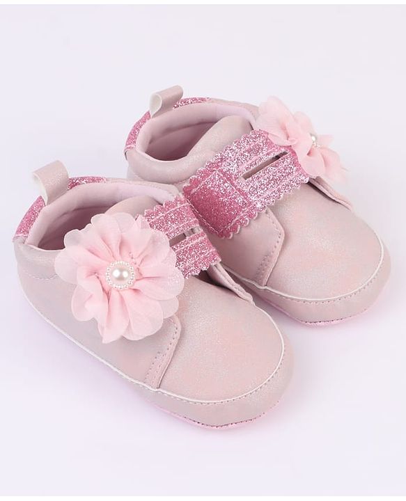 Cute Walk by Babyhug Velcro Closure Booties with Glitter Print & Floral Applique - Silver