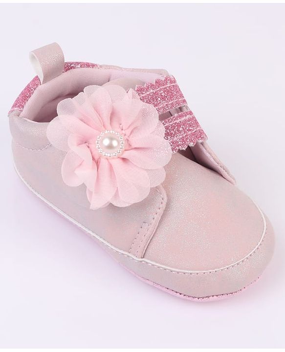Cute Walk by Babyhug Velcro Closure Booties with Glitter Print & Floral Applique - Silver