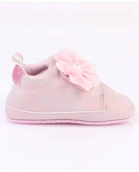 Cute Walk by Babyhug Velcro Closure Booties with Glitter Print & Floral Applique - Silver