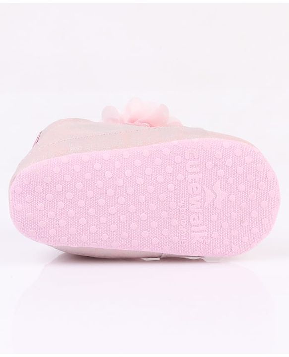 Cute Walk by Babyhug Velcro Closure Booties with Glitter Print & Floral Applique - Silver