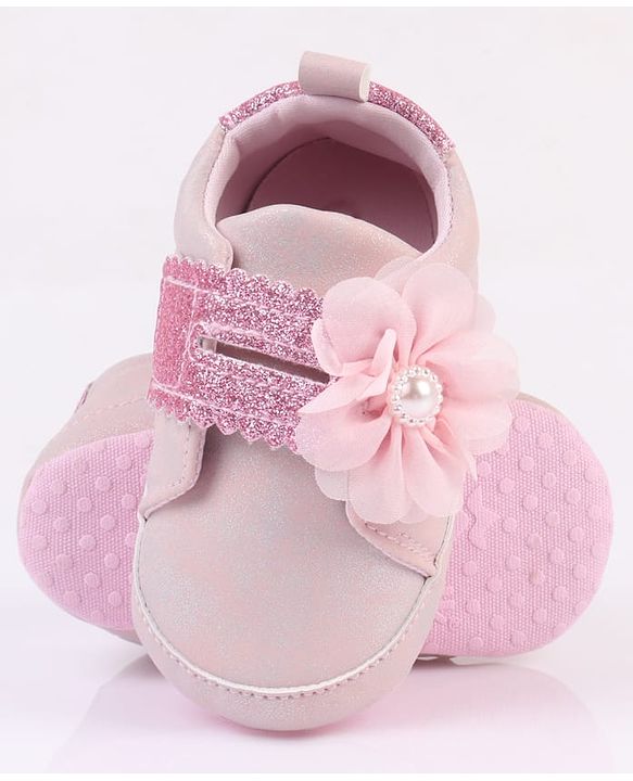 Cute Walk by Babyhug Velcro Closure Booties with Glitter Print & Floral Applique - Silver