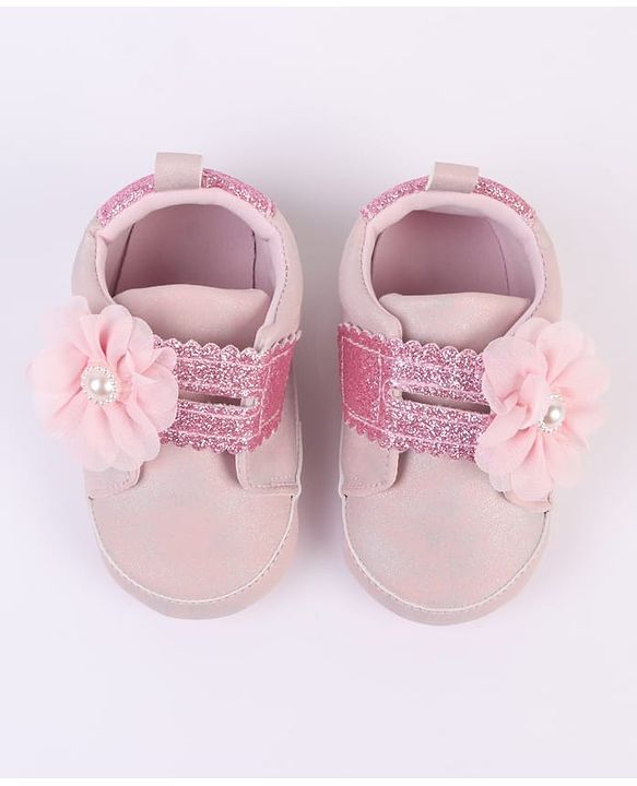 Cute Walk by Babyhug Velcro Closure Booties with Glitter Print & Floral Applique - Silver