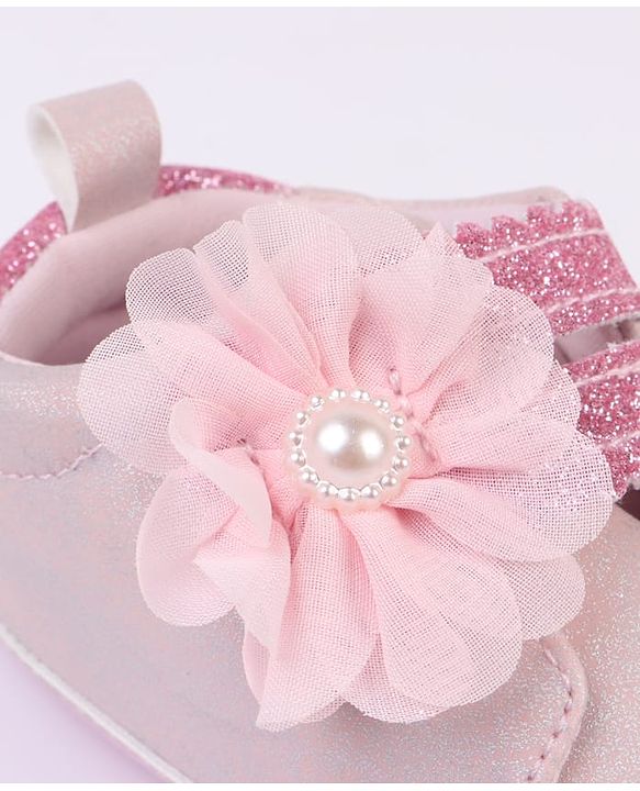 Cute Walk by Babyhug Velcro Closure Booties with Glitter Print & Floral Applique - Silver