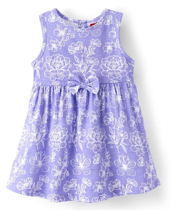 Babyhug Single Jersey Knit Sleeveless Frock with Floral Print & Bow Applique - Multicolor