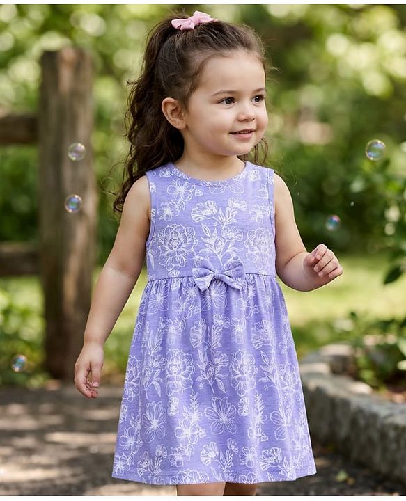 Babyhug Single Jersey Knit Sleeveless Frock with Floral Print & Bow Applique - Multicolor