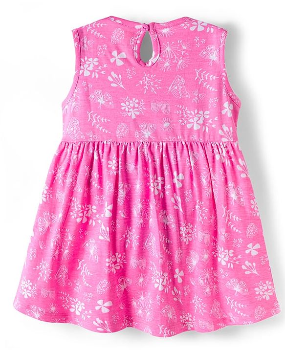 Babyhug 100% Cotton Knit Sleeveless Floral Printed Frock With Bow Applique - Multicolour