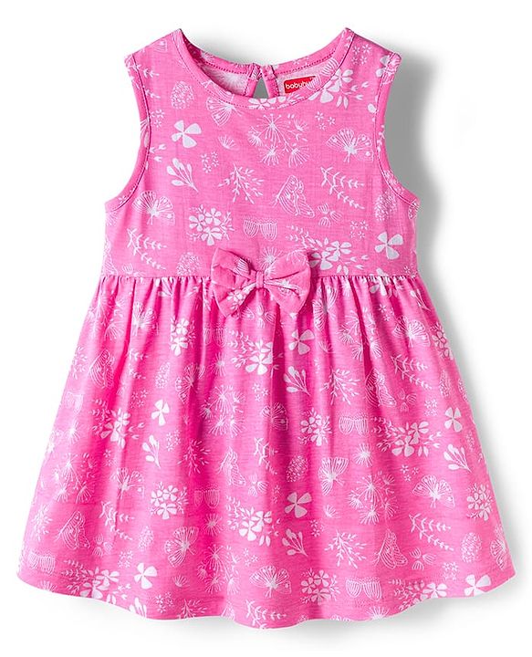 Babyhug 100% Cotton Knit Sleeveless Floral Printed Frock With Bow Applique - Multicolour