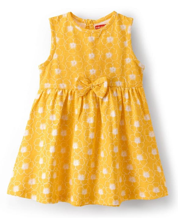 Babyhug Single Jersey Knit Sleeveless Frock with Floral Print & Bow Applique - Multicolor