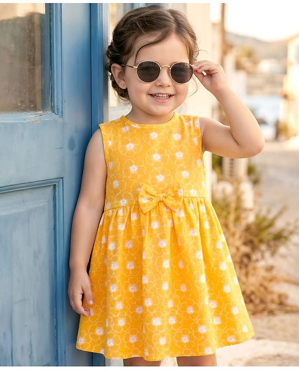 Babyhug Single Jersey Knit Sleeveless Frock with Floral Print & Bow Applique - Multicolor