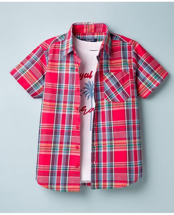 Pine Kids Cotton Woven Half Sleeves Checks Shirt With Inner Tee - Red