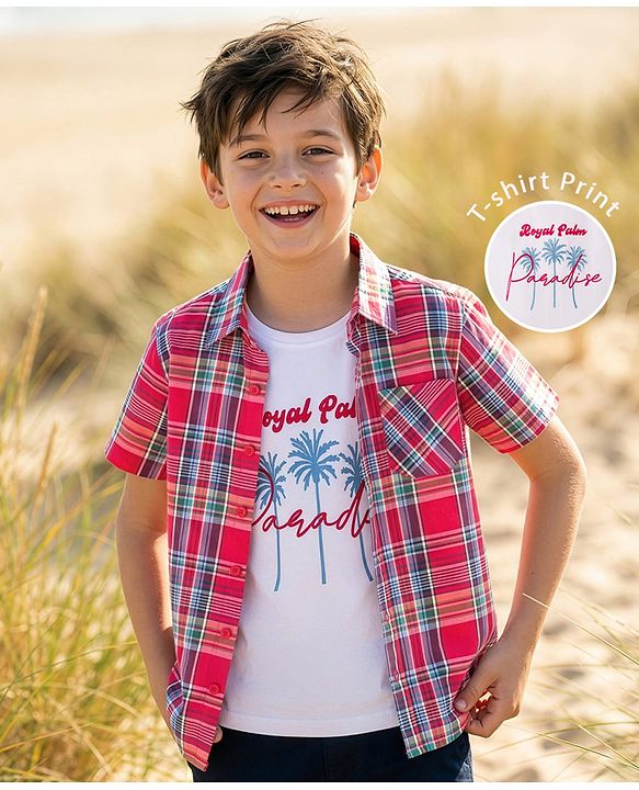 Pine Kids Cotton Woven Half Sleeves Checks Shirt With Inner Tee - Red