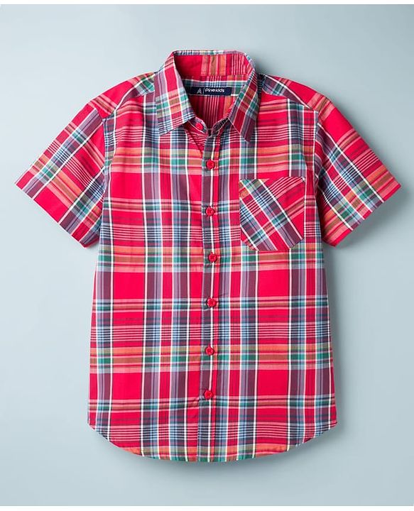 Pine Kids Cotton Woven Half Sleeves Checks Shirt With Inner Tee - Red