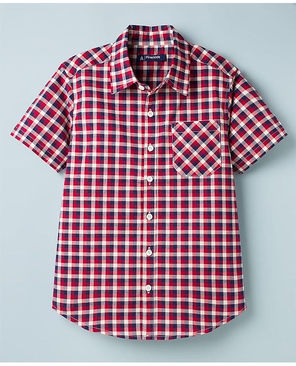 Pine Kids Cotton Woven Half Sleeves Checks Shirt With Inner Tee - Red