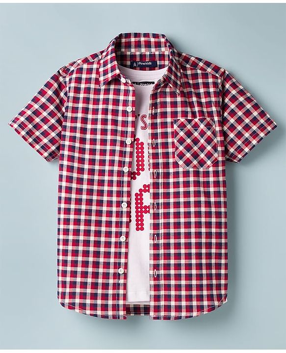 Pine Kids Cotton Woven Half Sleeves Checks Shirt With Inner Tee - Red