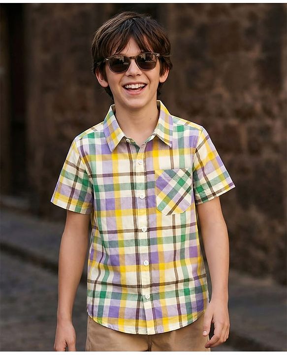Pine Kids 100% Cotton Woven Half Sleeves Checks Shirt - Multicolour