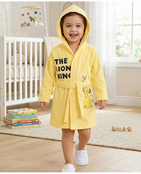 Babyhug Disney Terry Knit  Hooded Full Sleeves Bath Robe With Lion King Graphics - Yellow