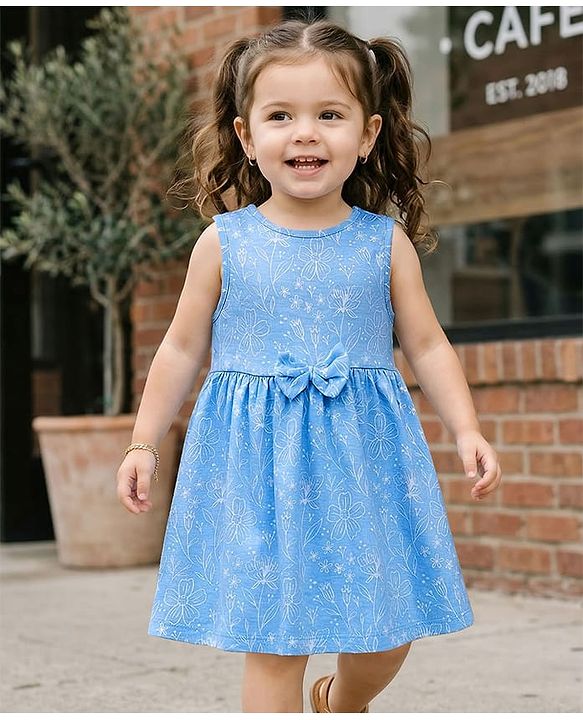 Babyhug Single Jersey Knit Antibacterial Sleeveless Floral Printed Frock with Bow Applique - Blue