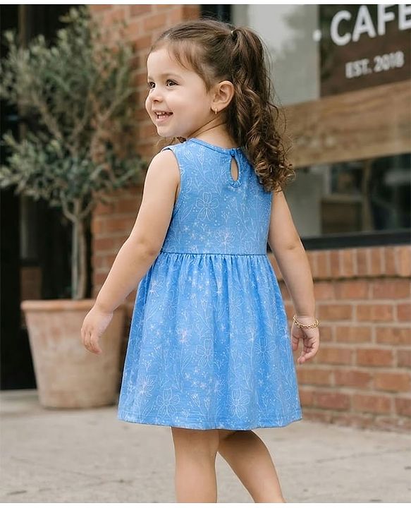 Babyhug Single Jersey Knit Antibacterial Sleeveless Floral Printed Frock with Bow Applique - Blue