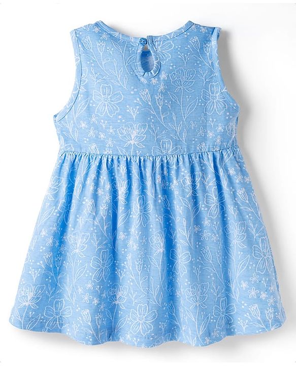 Babyhug Single Jersey Knit Antibacterial Sleeveless Floral Printed Frock with Bow Applique - Blue