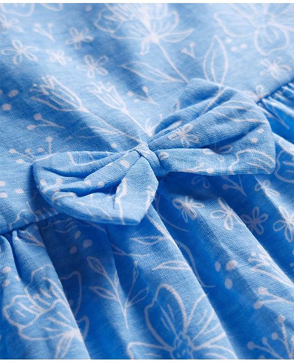 Babyhug Single Jersey Knit Antibacterial Sleeveless Floral Printed Frock with Bow Applique - Blue