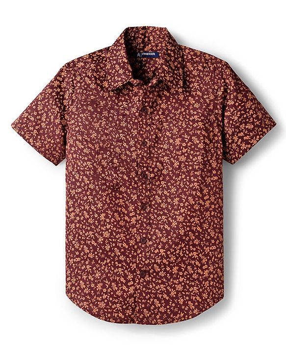Pine Kids Cotton Woven Half Sleeves Shirt With Floral Print - Brown