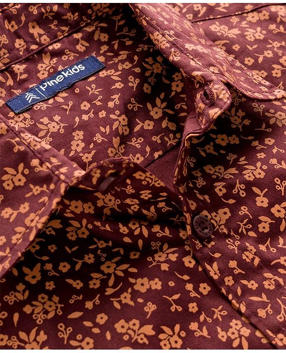 Pine Kids Cotton Woven Half Sleeves Shirt With Floral Print - Brown