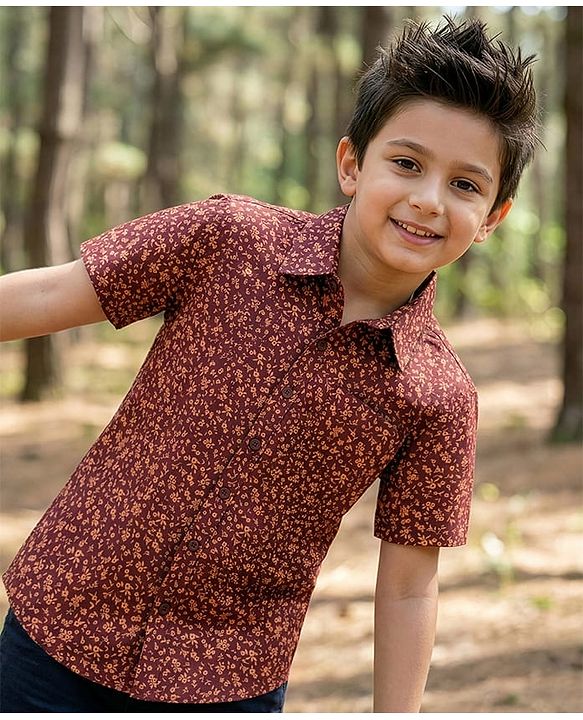 Pine Kids Cotton Woven Half Sleeves Shirt With Floral Print - Brown
